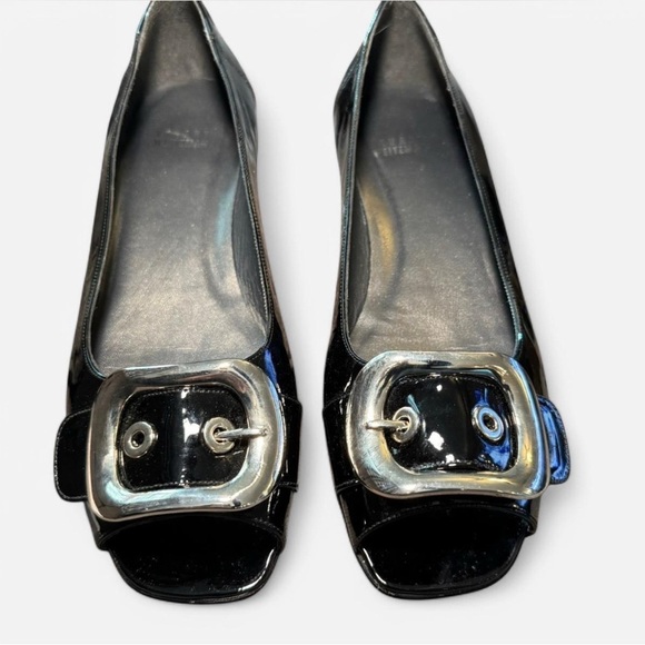 Stuart Weitzman Black Patent Leather Silver Buckle Peep-Toe Flats - Picture 2 of 9